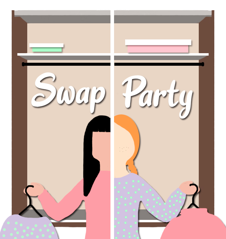 infografía en la que se ve un armario partido por la mitad con dos chicas intercambiando ropa para explicar qué es una swap party
