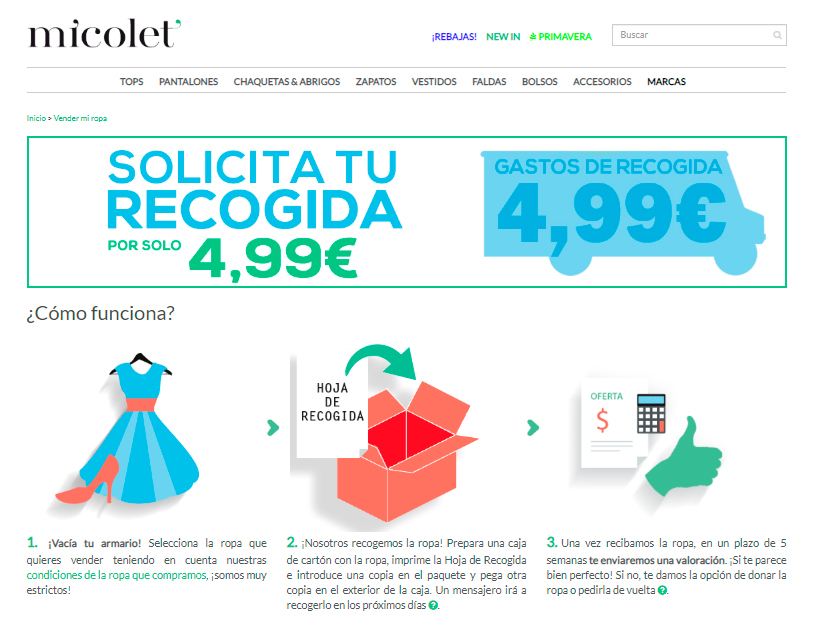  Página web del portal de venta de ropa de segunda mano Micolet donde se explica cómo vender ropa usada online.
