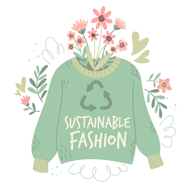 Imagen de jersey con flores que cuenta con un dibujo de reciclaje y la frase "sustainable fashion", como ejemplo de slow fashion