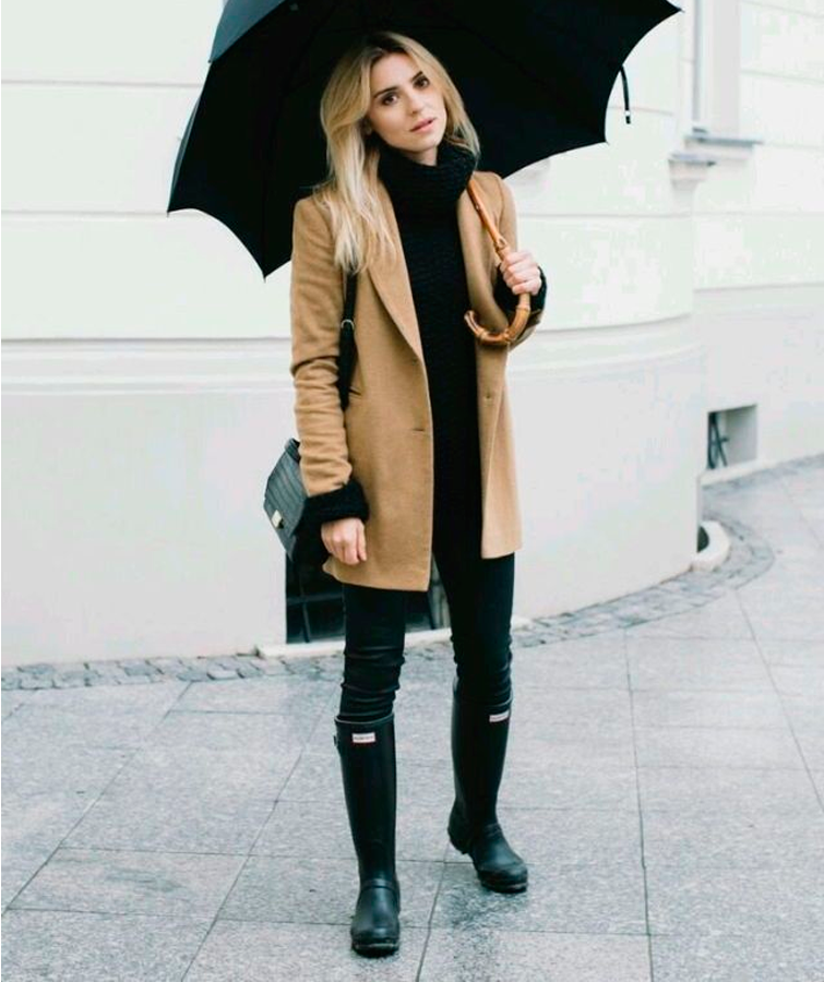 Mujer rubia viste de negro con un abrigo beige, otra froma de cómo combinar botas Hunter de mujer de segunda mano